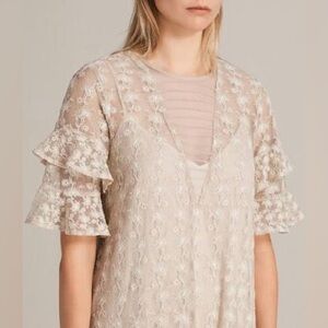 AllSaints— Henrietta Ruffle Dress in Oyster White. Size S. NWT. Originally $308